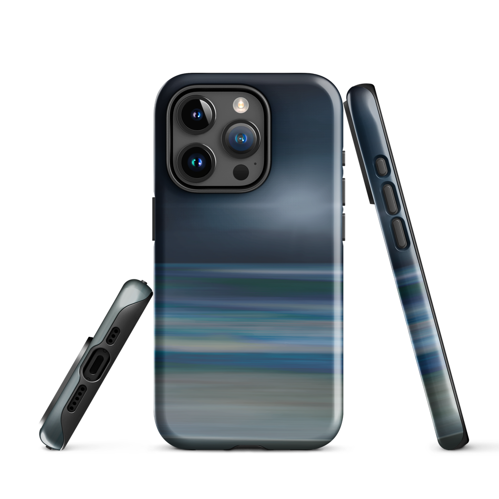 Dark abstract phone case with blue and grey streaks and glossy finish.