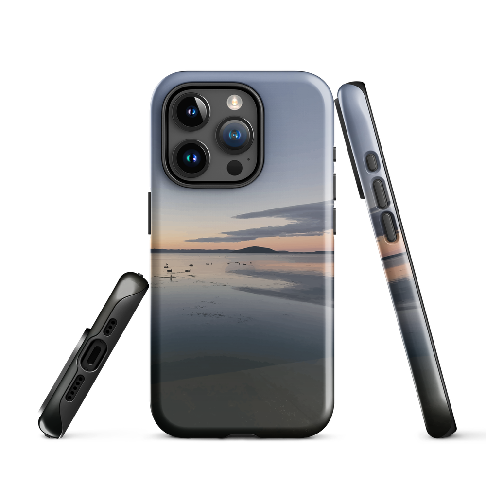 Phone case with tranquil lake scene at sunrise and distant hills.