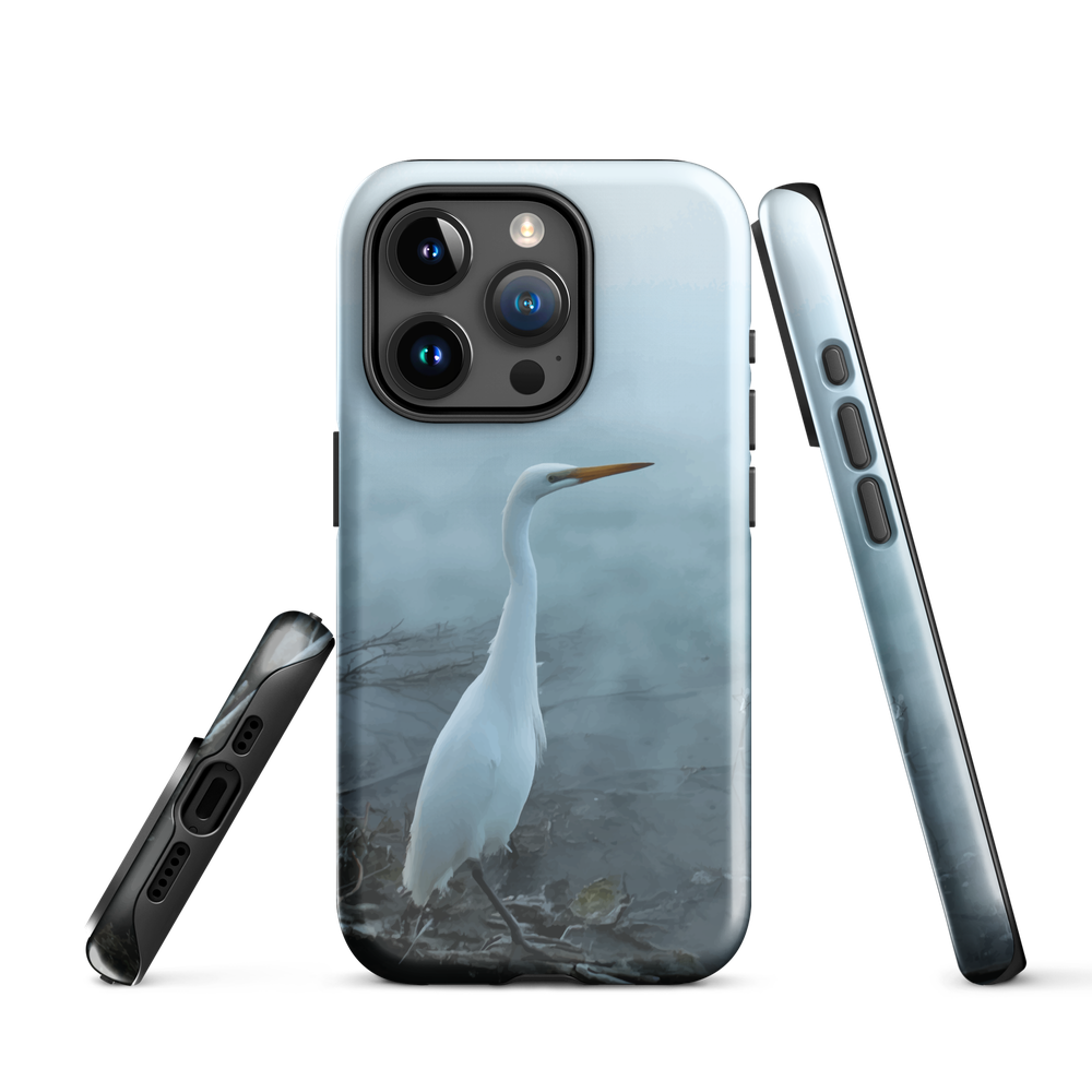 Phone case with a white heron standing in a misty wetland scene.