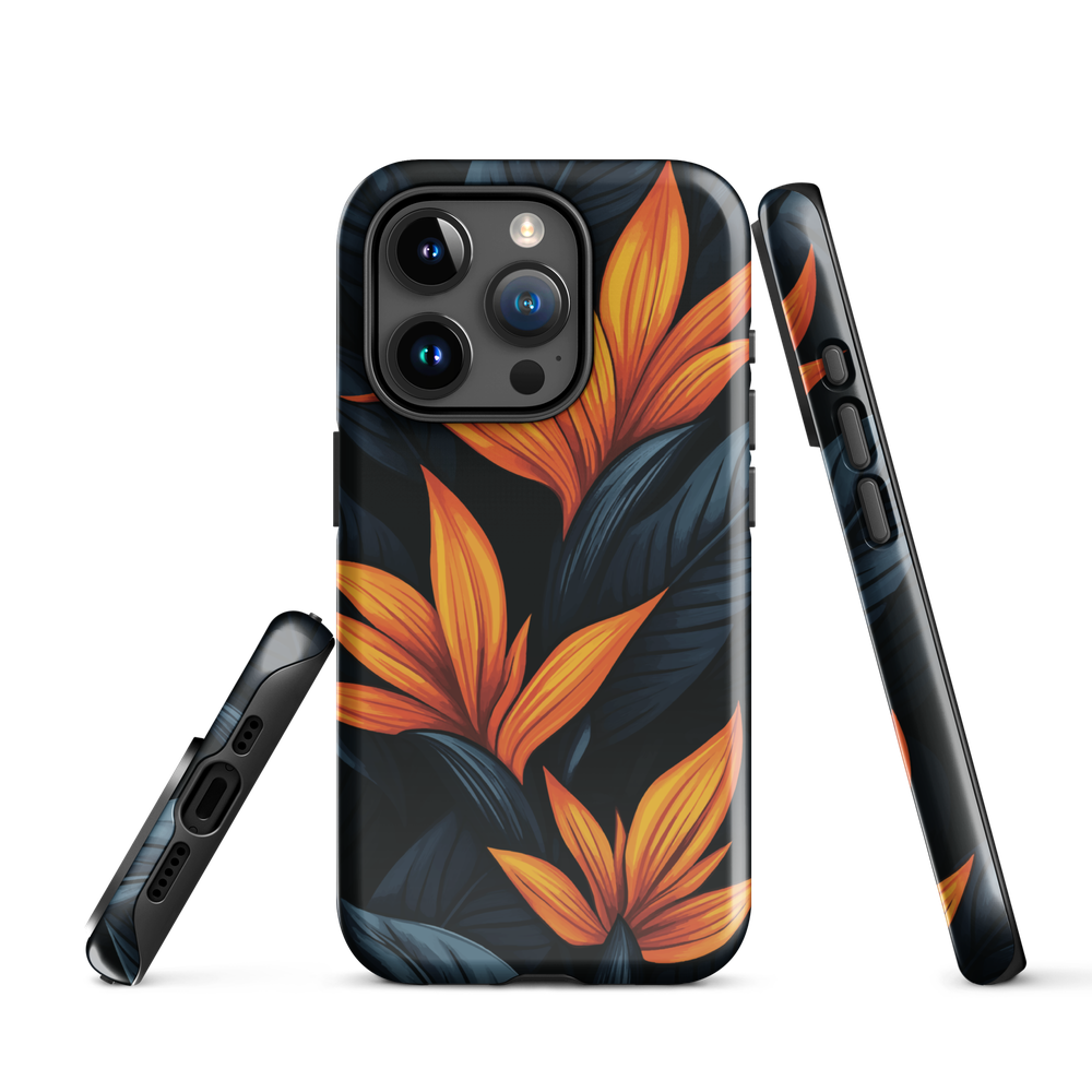 Phone case with bold orange bird of paradise flowers on dark background.