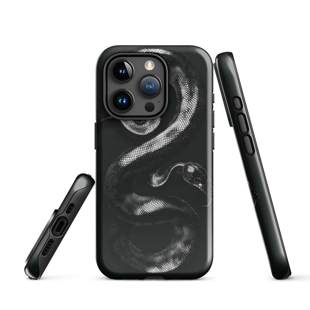 Phone case with detailed black python design on dark background.