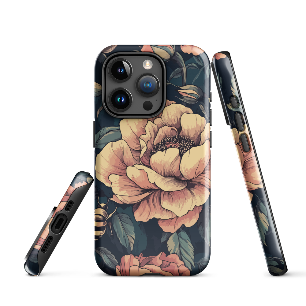 Phone case with vintage-style pink roses and bees on dark background, floral New Zealand artwork.