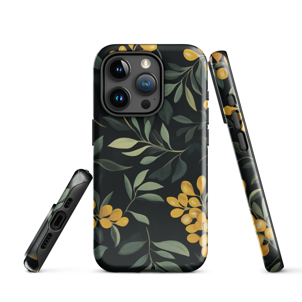 NZ Kowhai phone case with native yellow floral and green leaves on black background by designer Ben Hart.