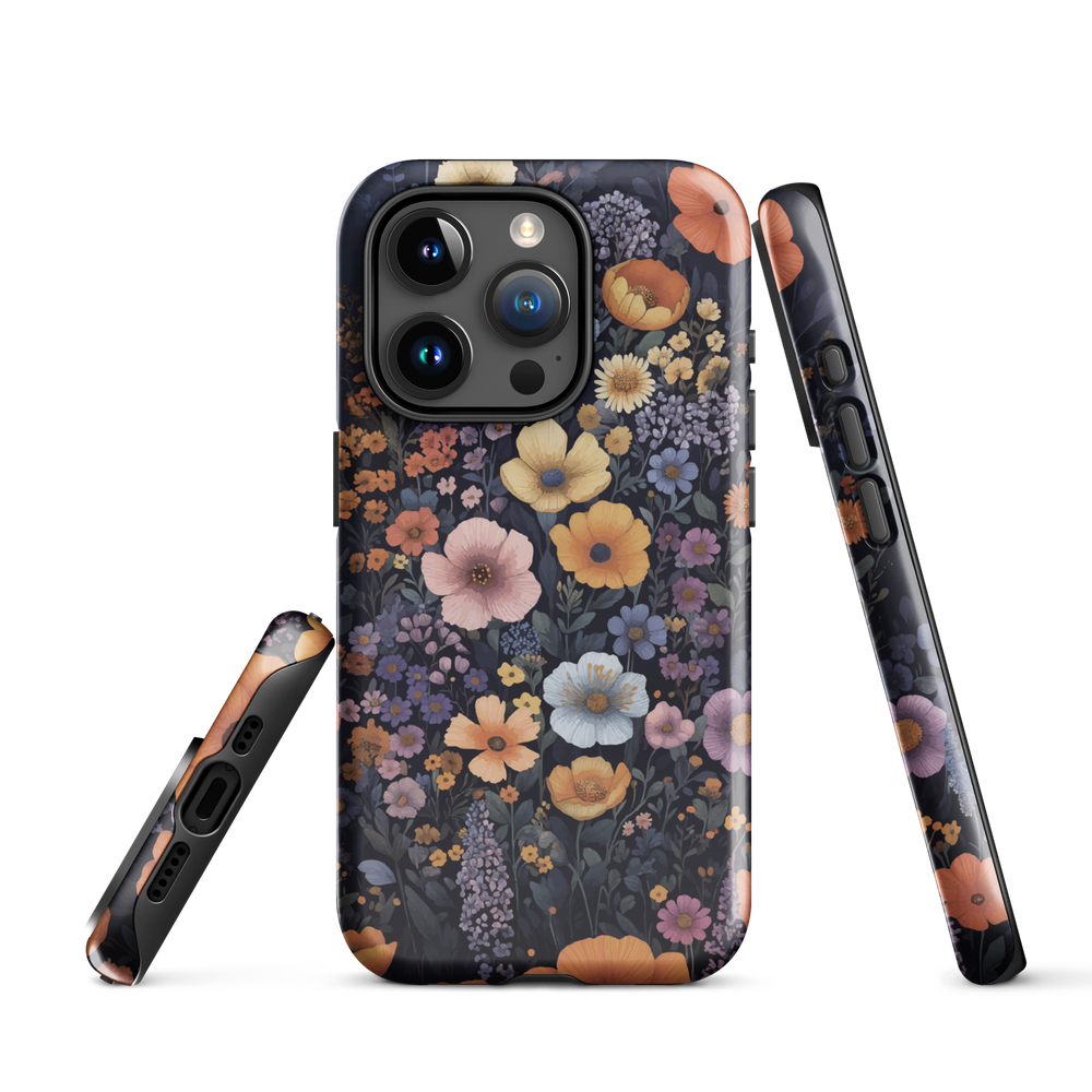 Phone case with colourful wildflowers on dark background, floral art design