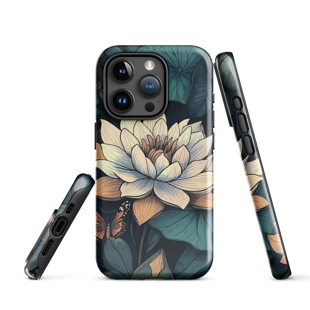 Phone case with ivory water lily, green leaves, and butterfly accents on dark background