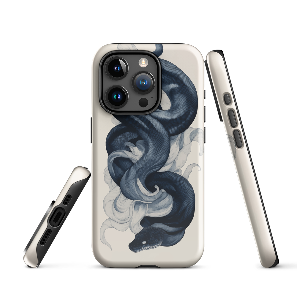 Phone case with black python and smoke design on cream background