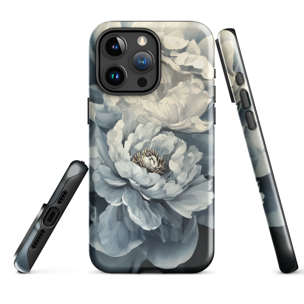 'Whisper' iPhone case features a stunning close-up of softly painted peony blooms in dreamy shades of ivory, grey, and smoky blue.