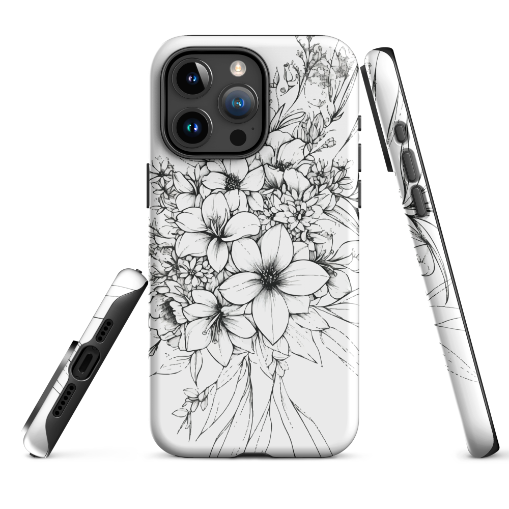 Black and white floral phone case with hand-drawn lilies and wildflowers