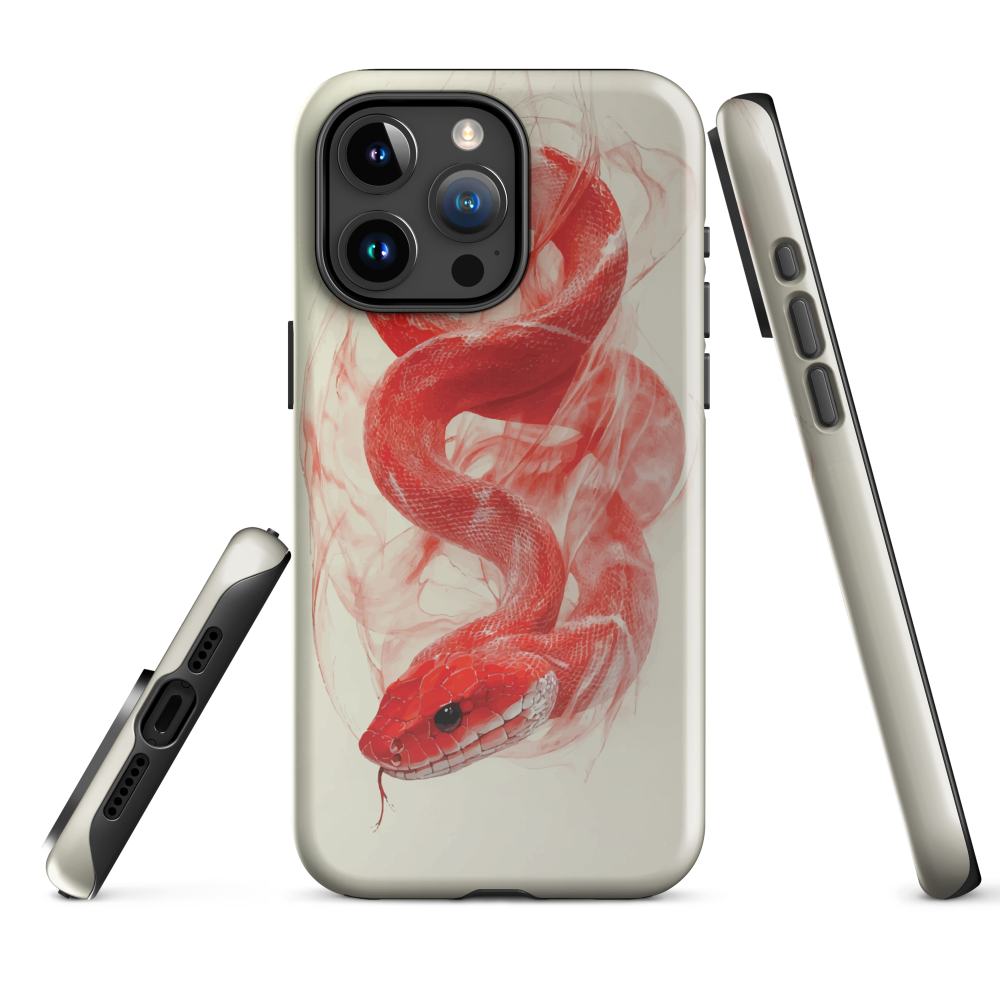 Phone case with red snake design on a cream background, coiled in smoky detail. Bold artwork by NZ designer Ben Hart.
