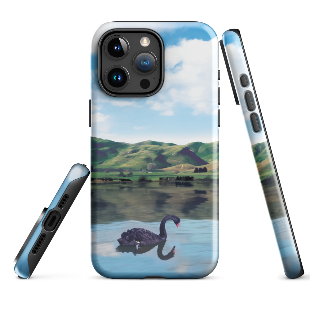 Phone case with a black swan on a calm lake, New Zealand hills in the background. Art by NZ designer Ben Hart.