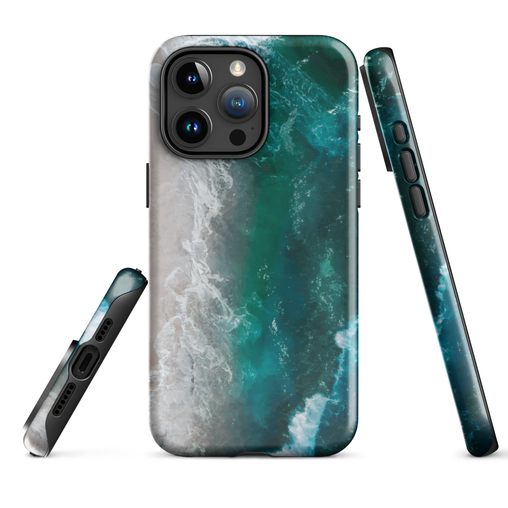 Ocean wave phone case with abstract beach design in teal and white, by NZ artist Ben Hart.