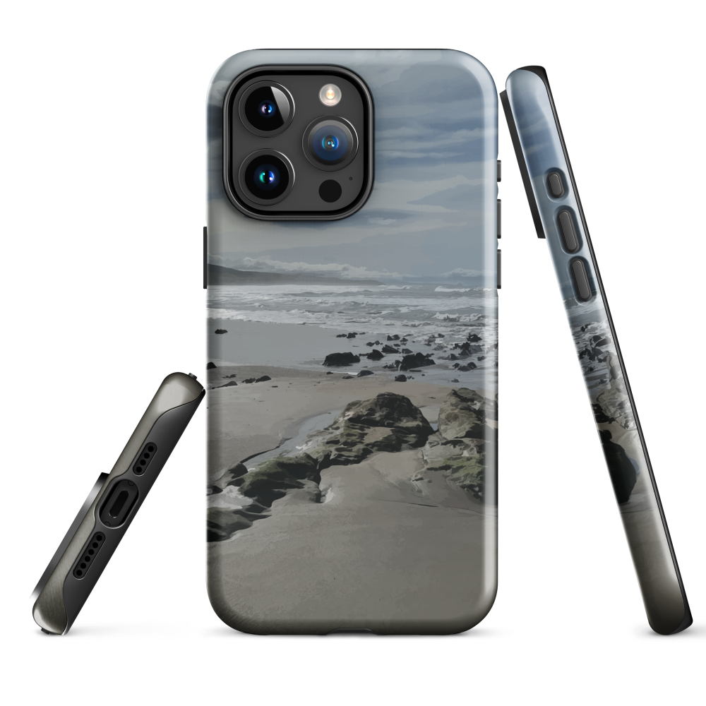 Phone case with artwork of Riversdale Beach, Masterton – rocks, waves and sky by NZ artist Ben Hart.