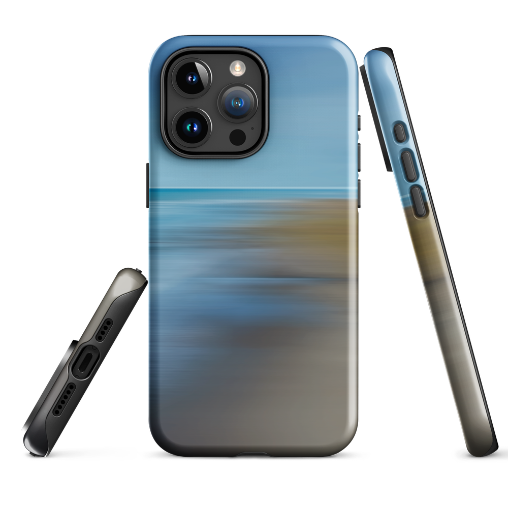 Ocean Breeze phone case with abstract blue and sandy tones inspired by sea and sky.