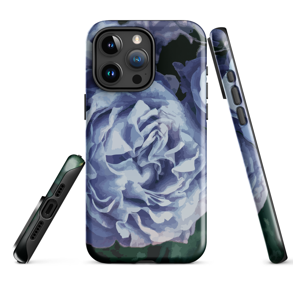 Designer phone case with a bold blue rose artwork and glossy finish.
