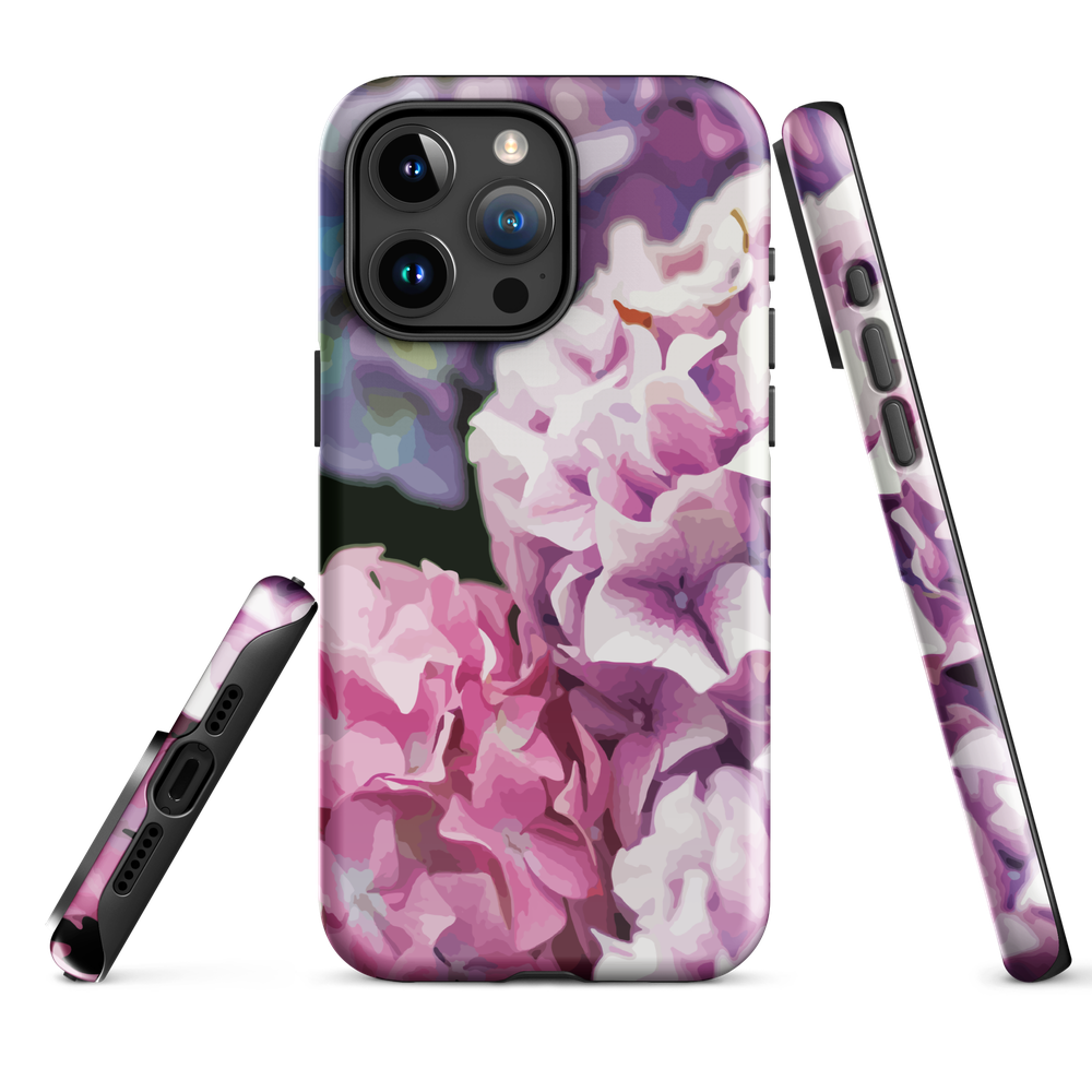 Designer phone case with pink and purple hydrangea floral artwork.