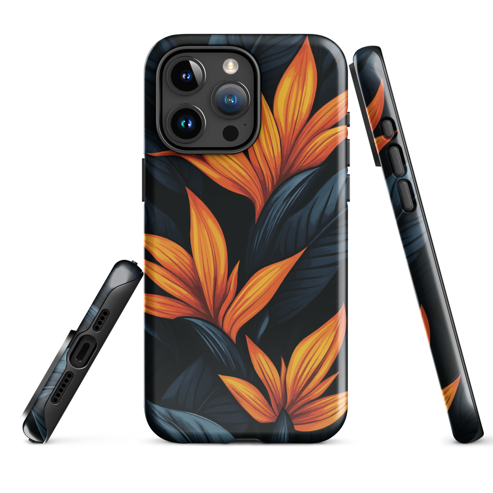 Phone case with bold orange bird of paradise flowers on dark background.
