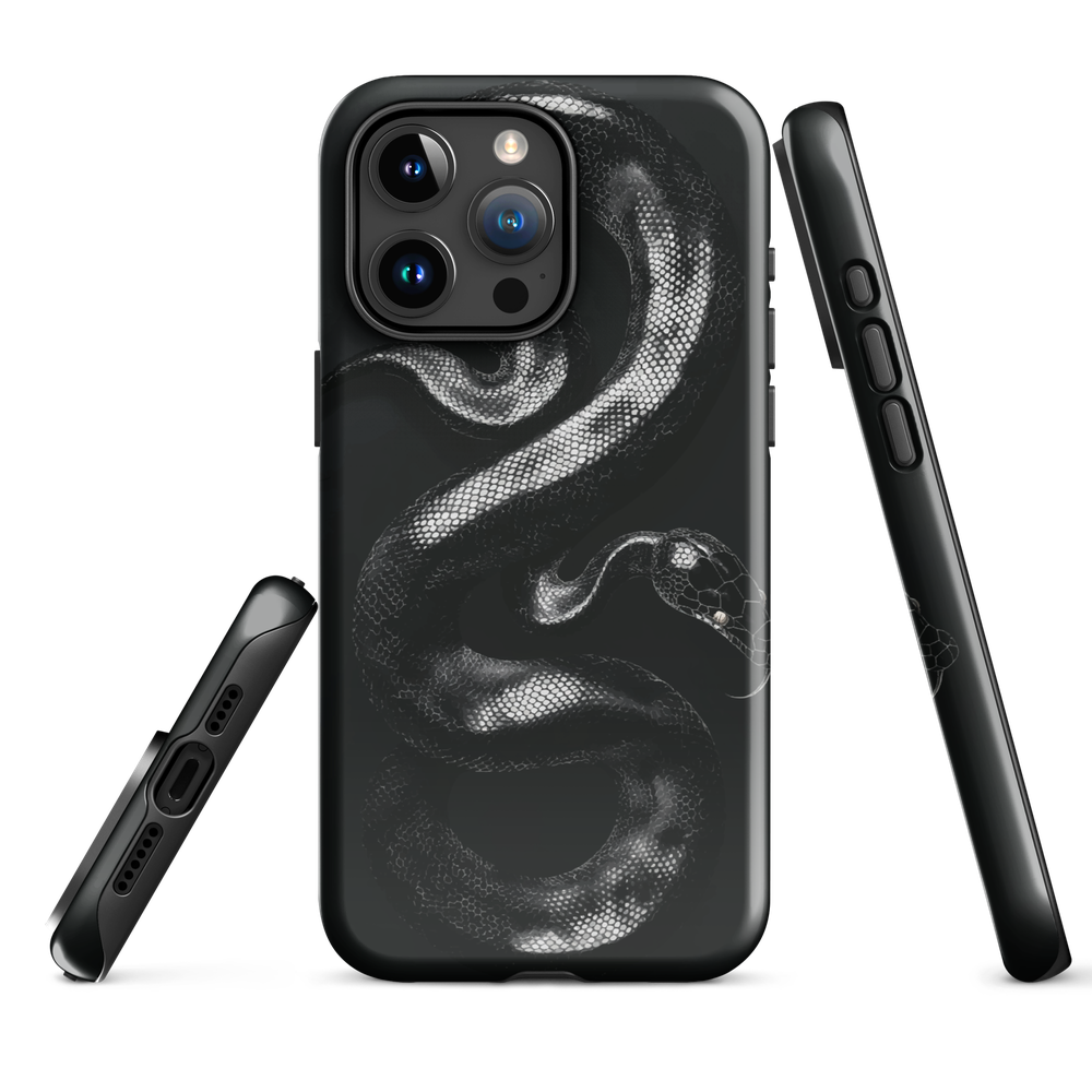 Phone case with detailed black python design on dark background.