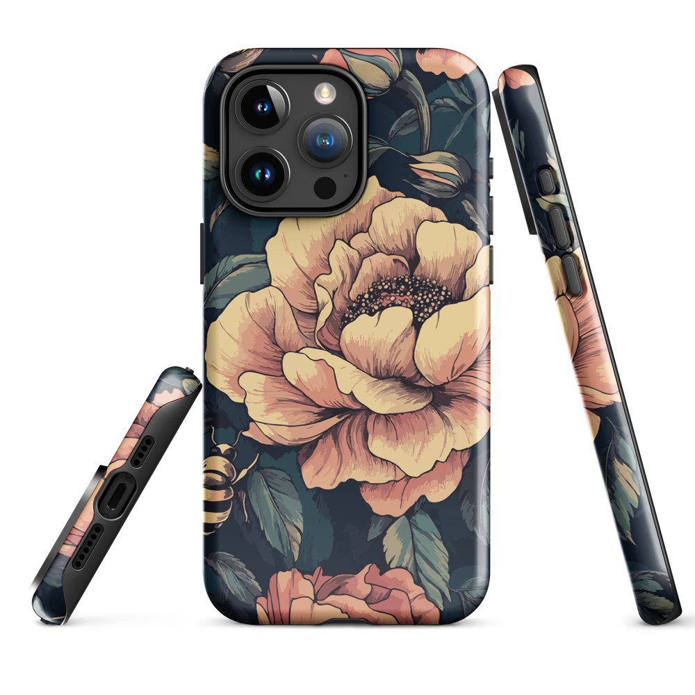 Phone case with vintage-style pink roses and bees on dark background, floral New Zealand artwork.