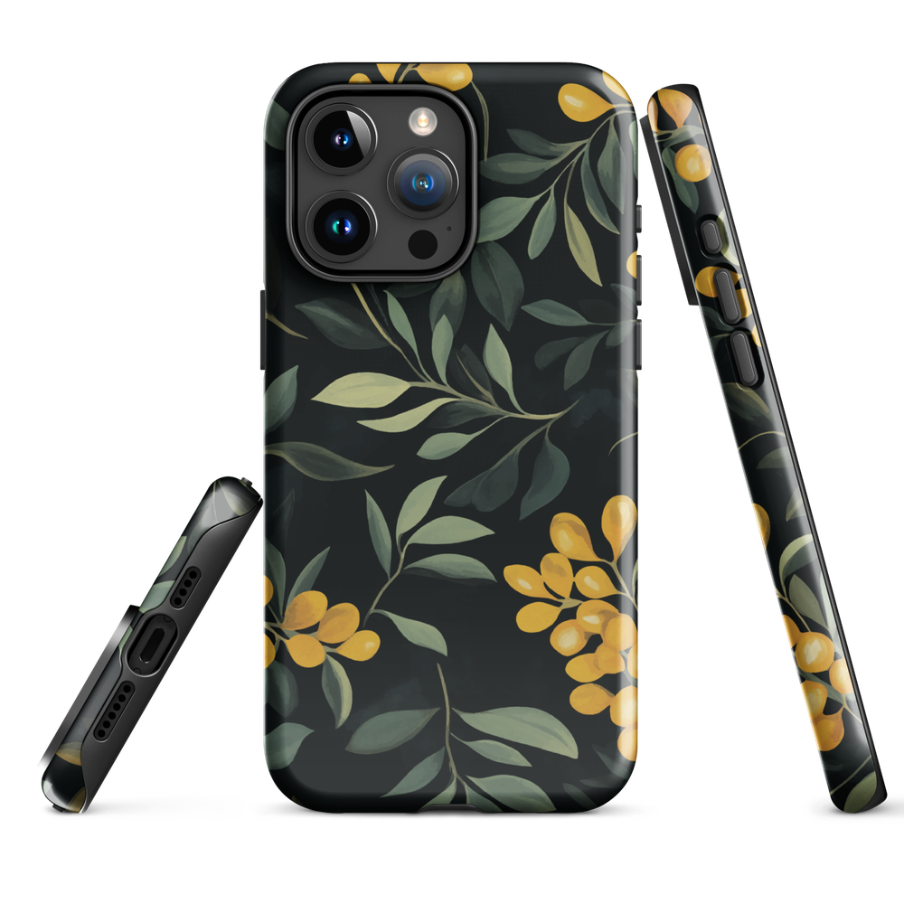 NZ Kowhai phone case with native yellow floral and green leaves on black background by designer Ben Hart.