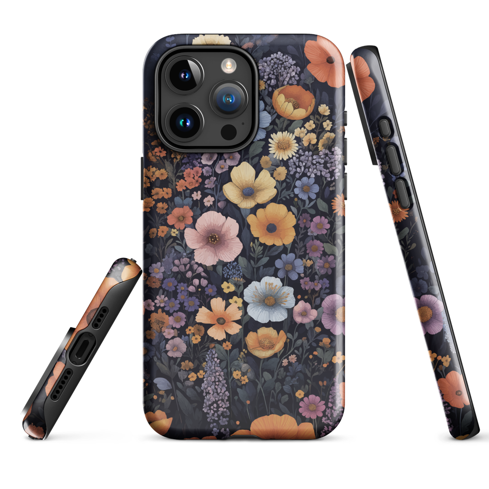 Phone case with colourful wildflowers on dark background, floral art design