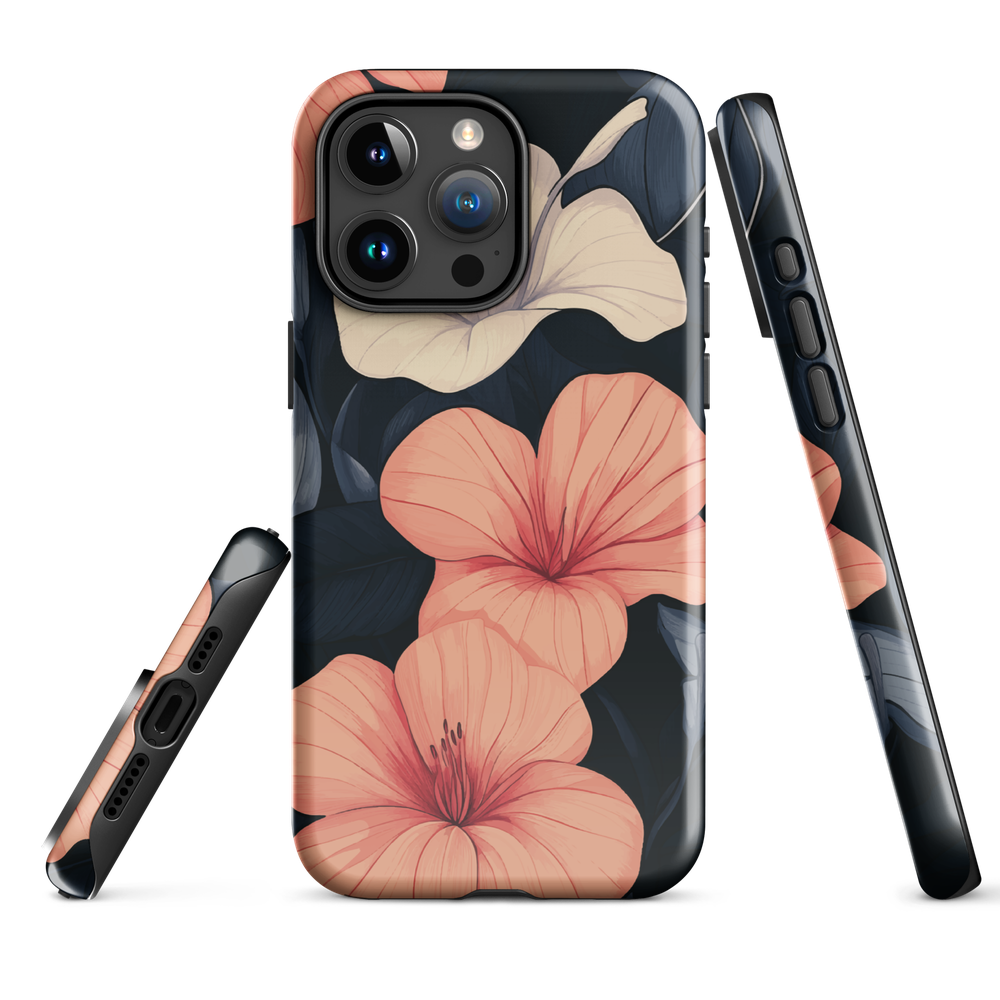 Phone case with coral hibiscus flowers and ivory blooms on dark background