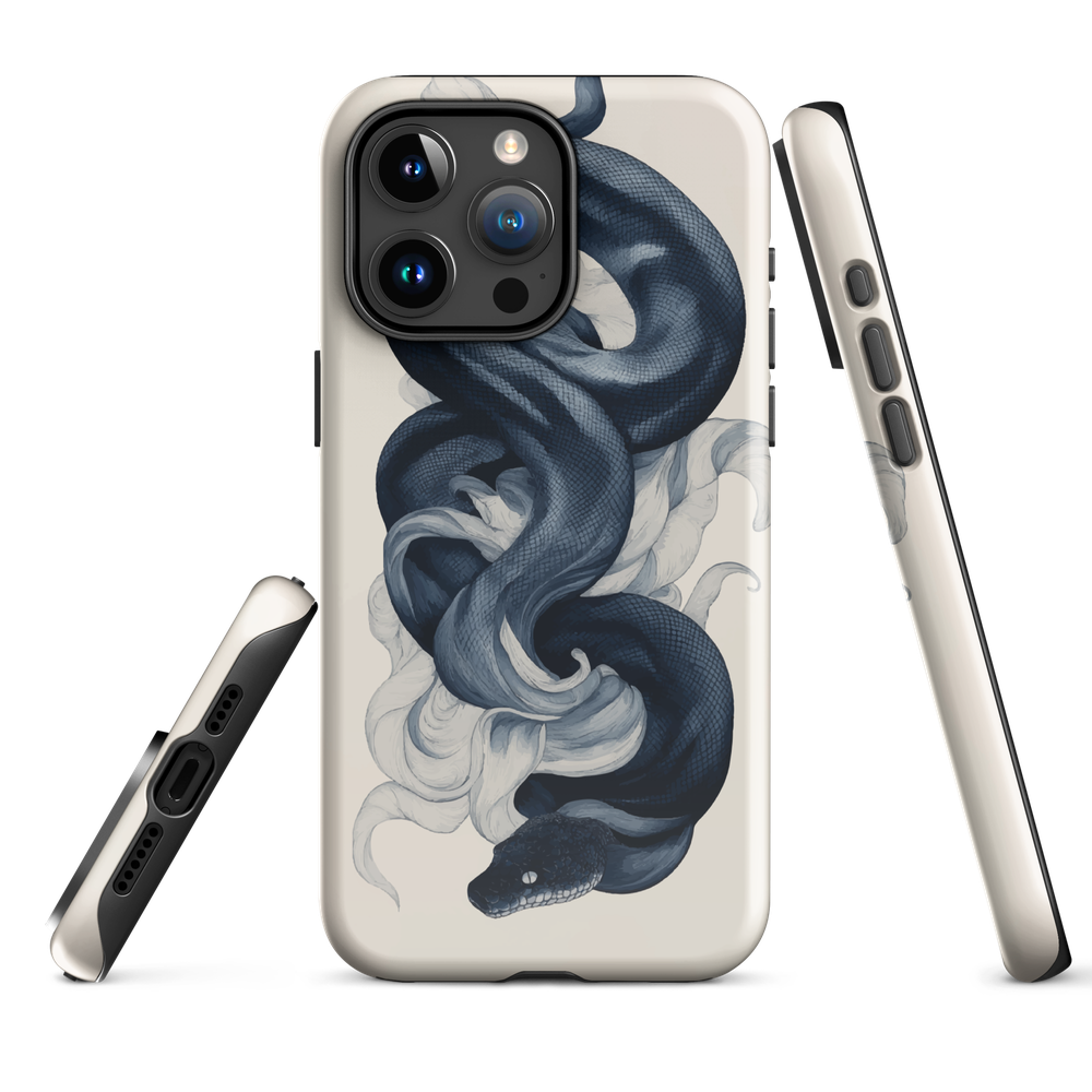 Phone case with black python and smoke design on cream background