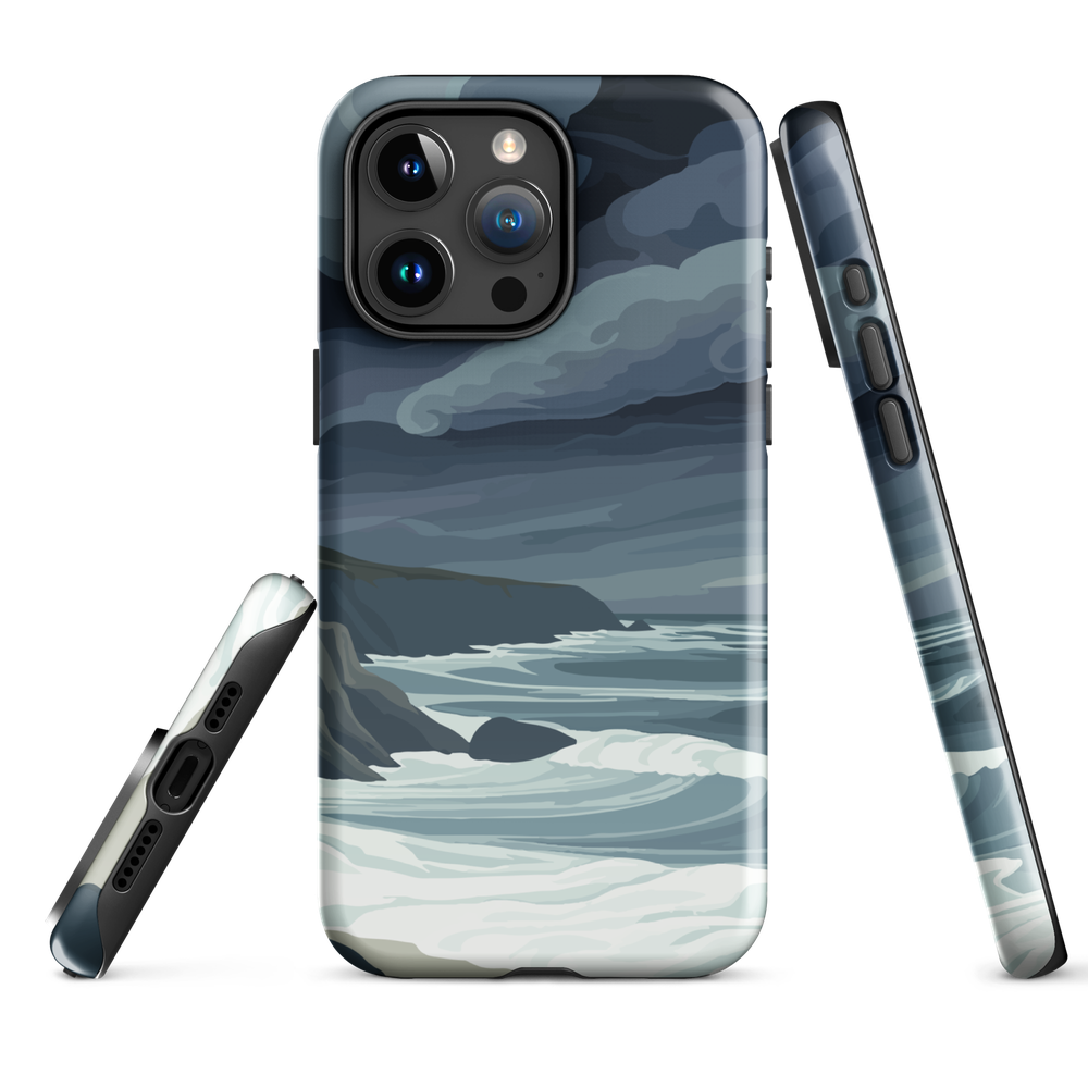 Phone case featuring moody Cape Kidnappers coastline with crashing waves and dark skies