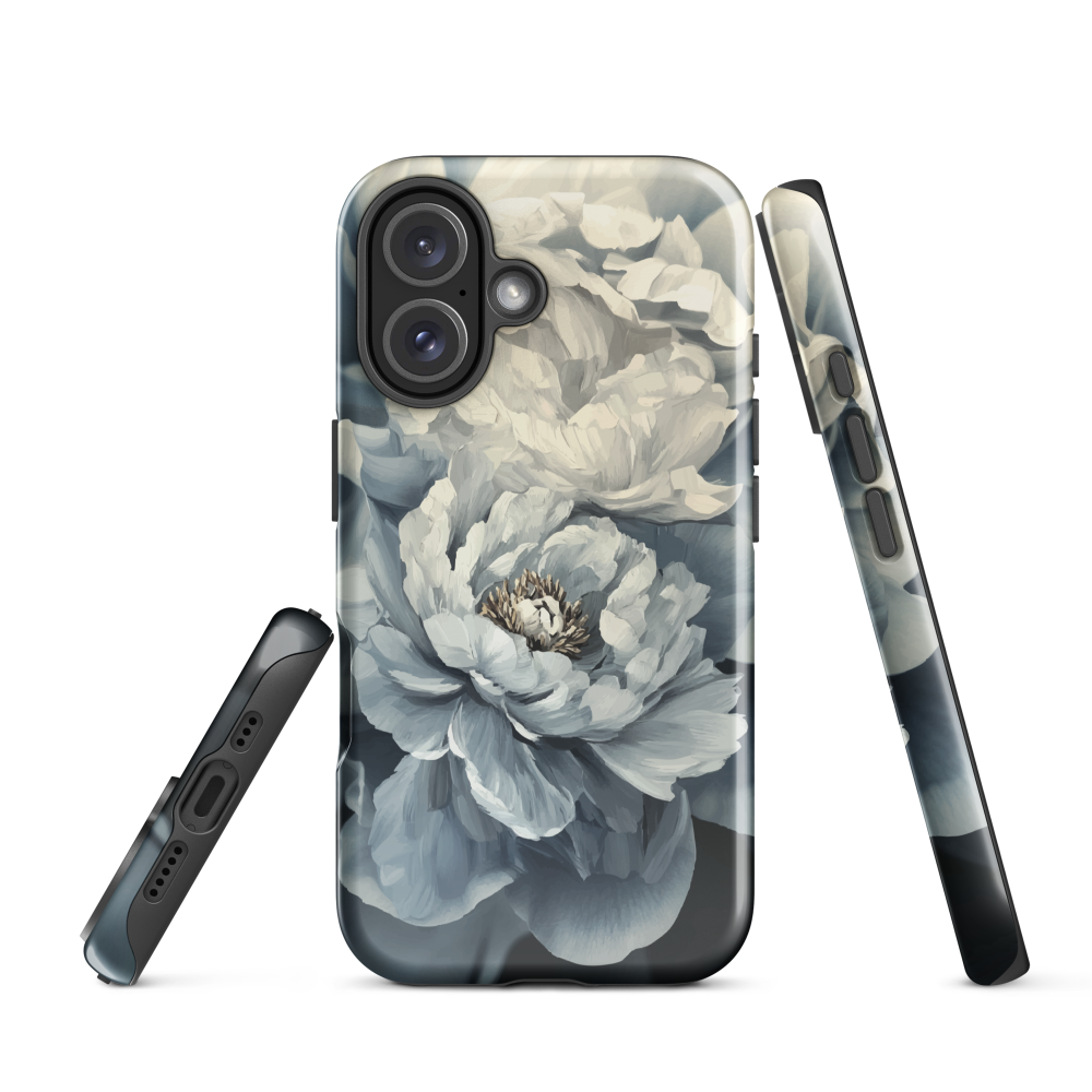 'Whisper' iPhone case features a stunning close-up of softly painted peony blooms in dreamy shades of ivory, grey, and smoky blue.