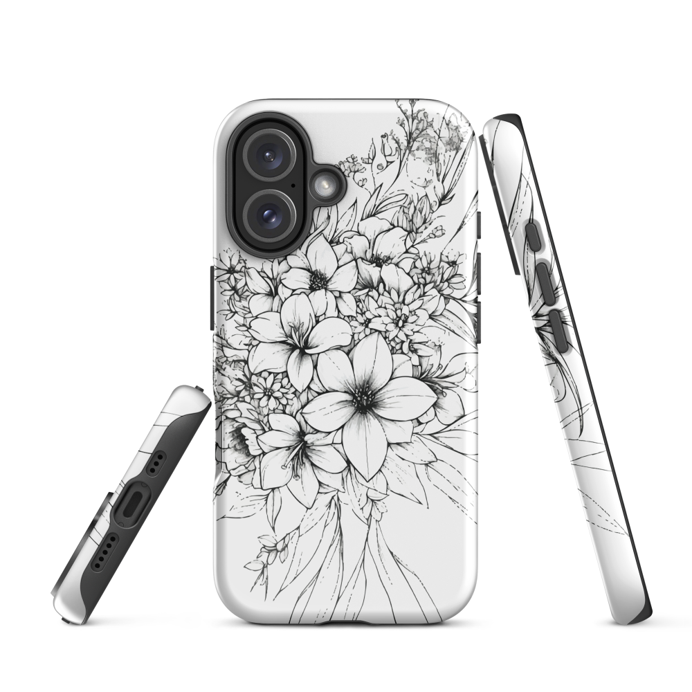 Black and white floral phone case with hand-drawn lilies and wildflowers