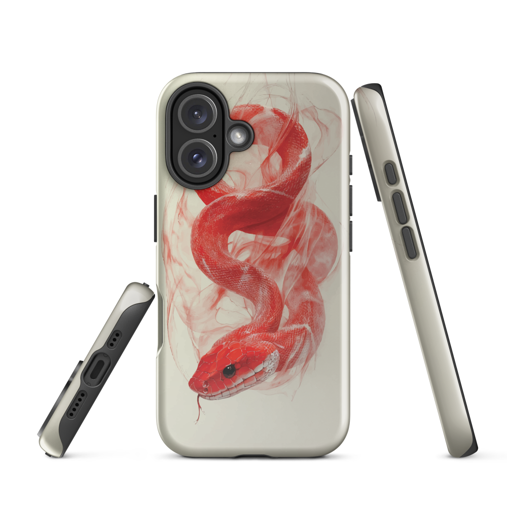 Phone case with red snake design on a cream background, coiled in smoky detail. Bold artwork by NZ designer Ben Hart.