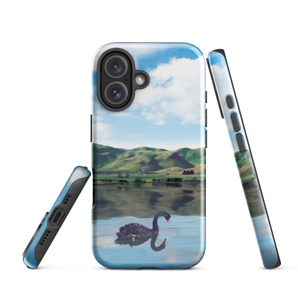 Phone case with a black swan on a calm lake, New Zealand hills in the background. Art by NZ designer Ben Hart.