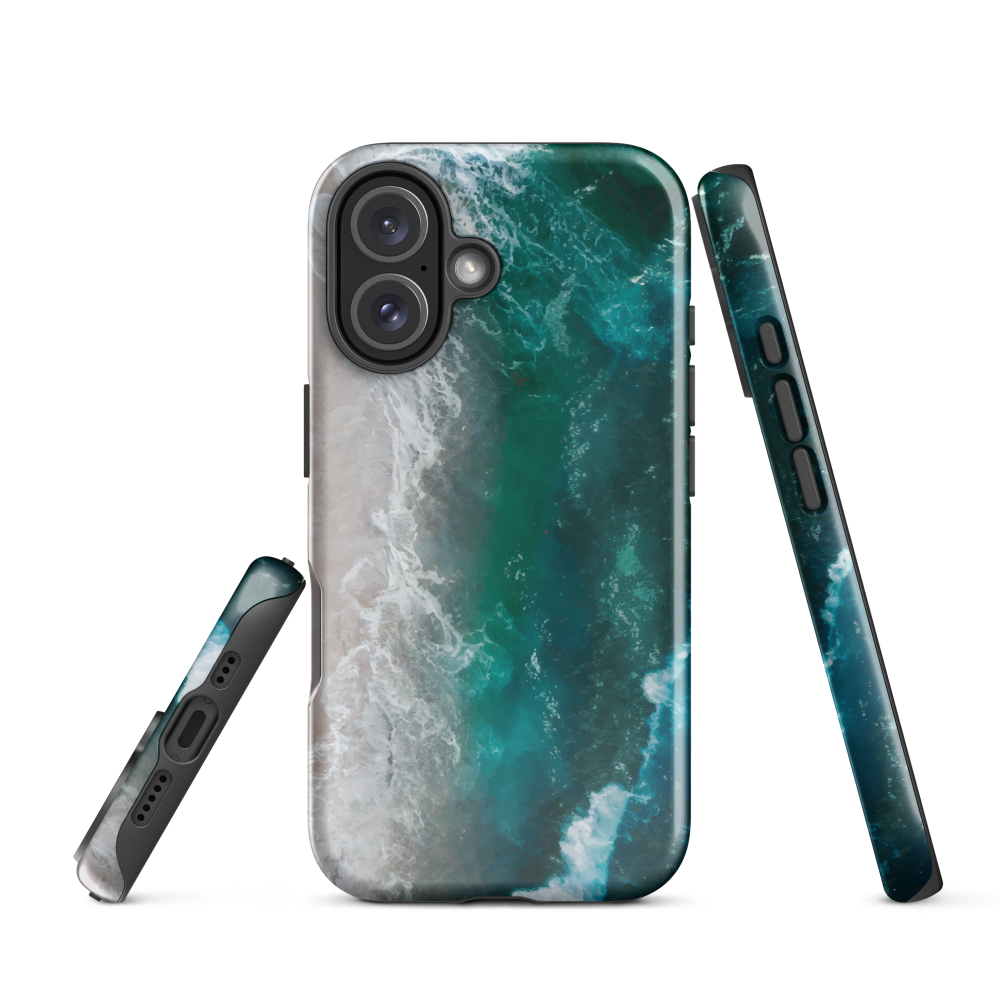 Ocean wave phone case with abstract beach design in teal and white, by NZ artist Ben Hart.