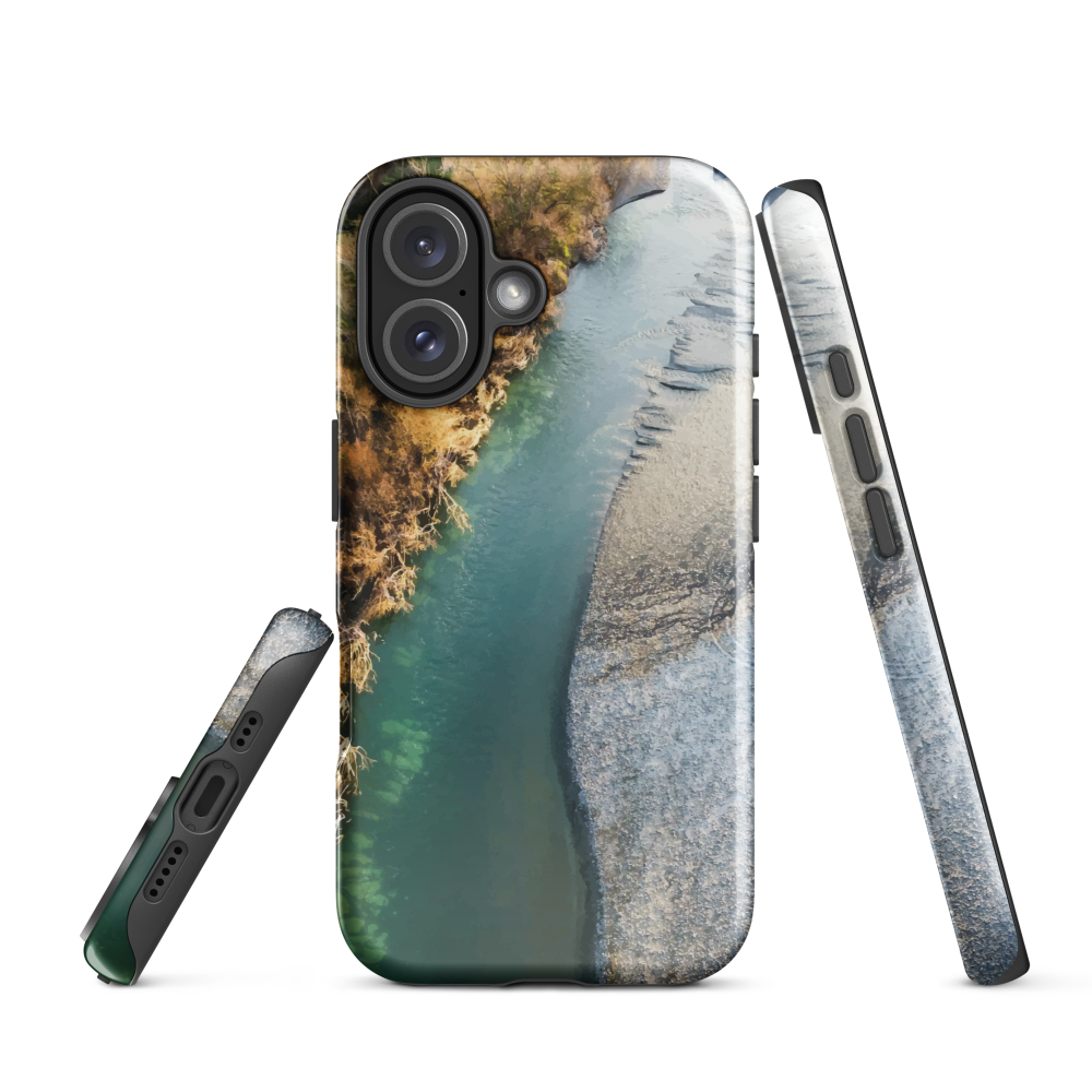 Phone case with aerial riverbend artwork and earthy tones, designed by New Zealand artist Ben Hart.