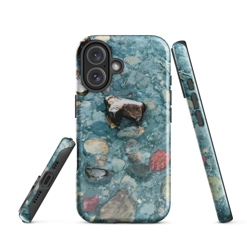 Washed Away designer phone case with abstract river stone artwork in earthy blues and natural tones.