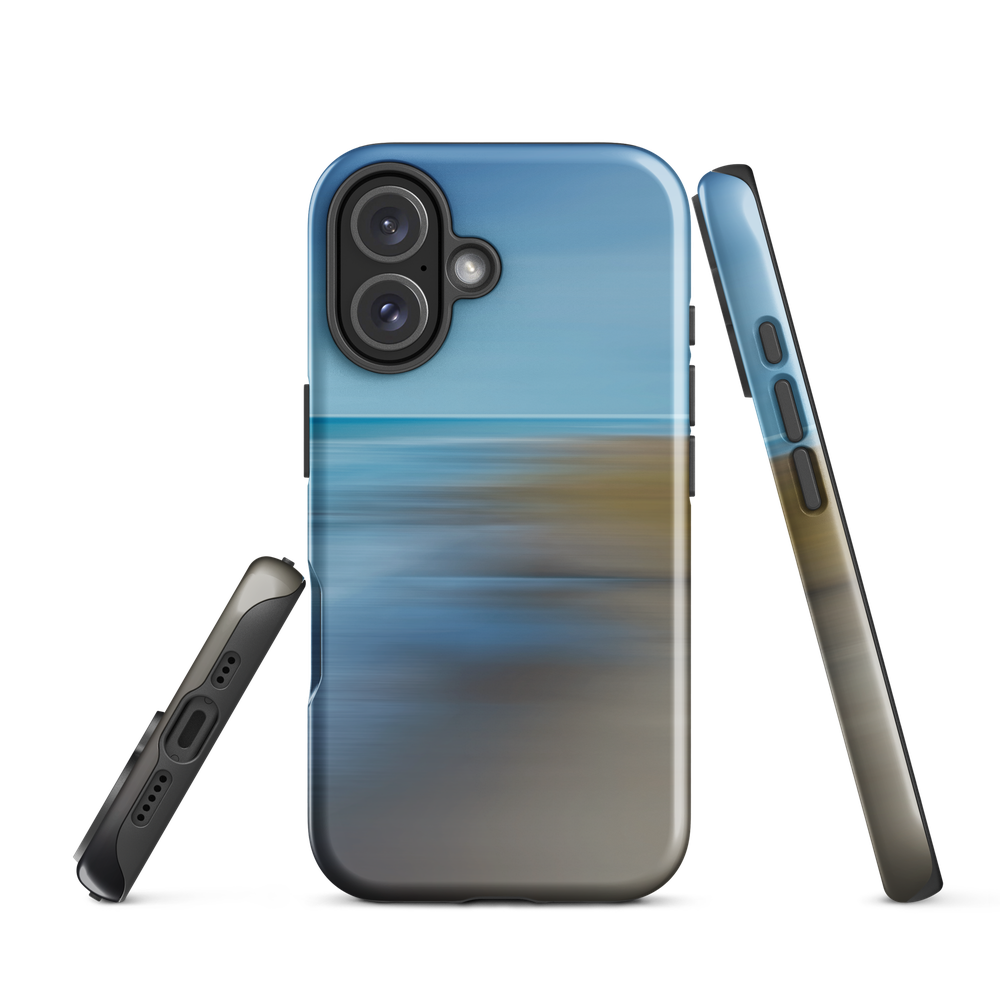 Ocean Breeze phone case with abstract blue and sandy tones inspired by sea and sky.