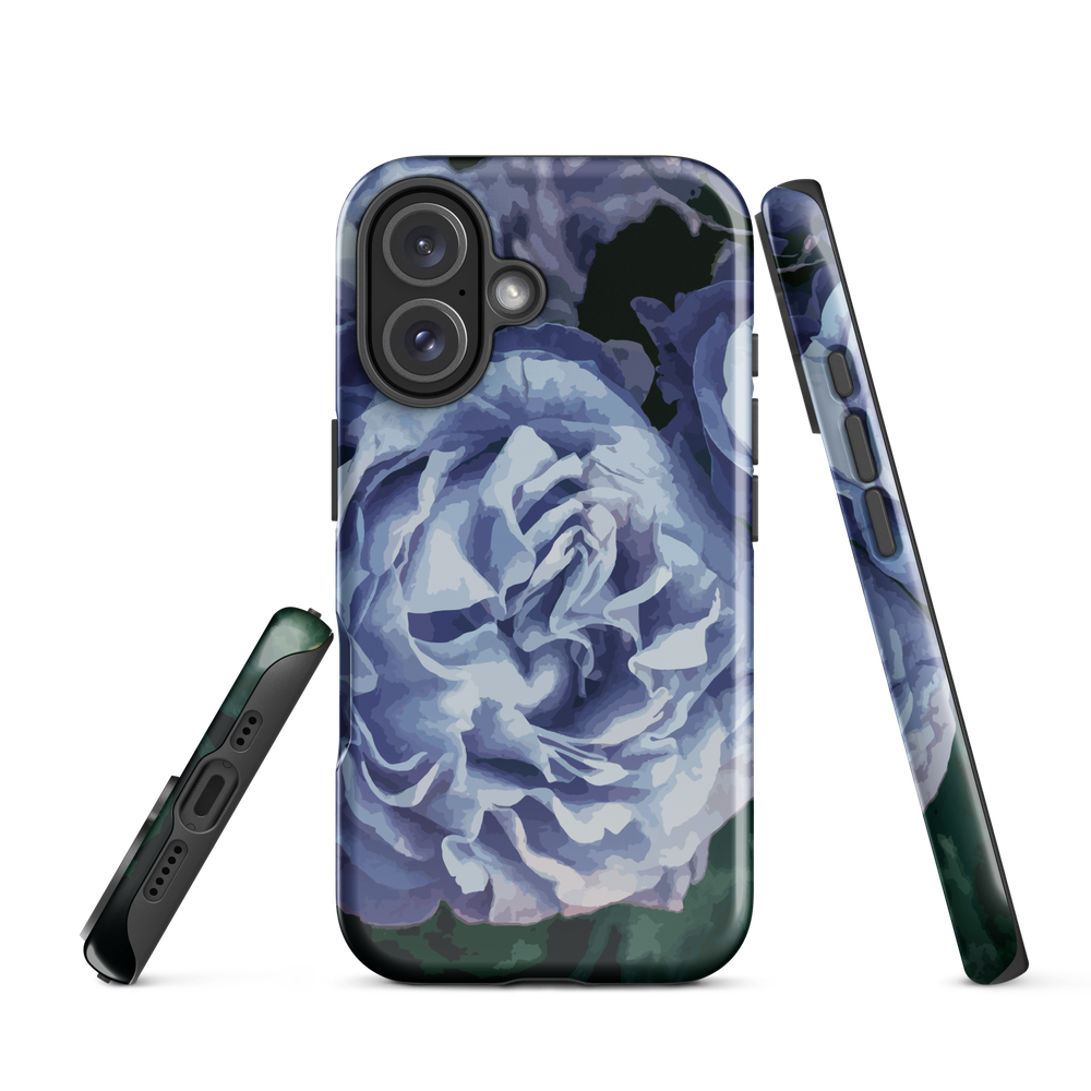 Designer phone case with a bold blue rose artwork and glossy finish.
