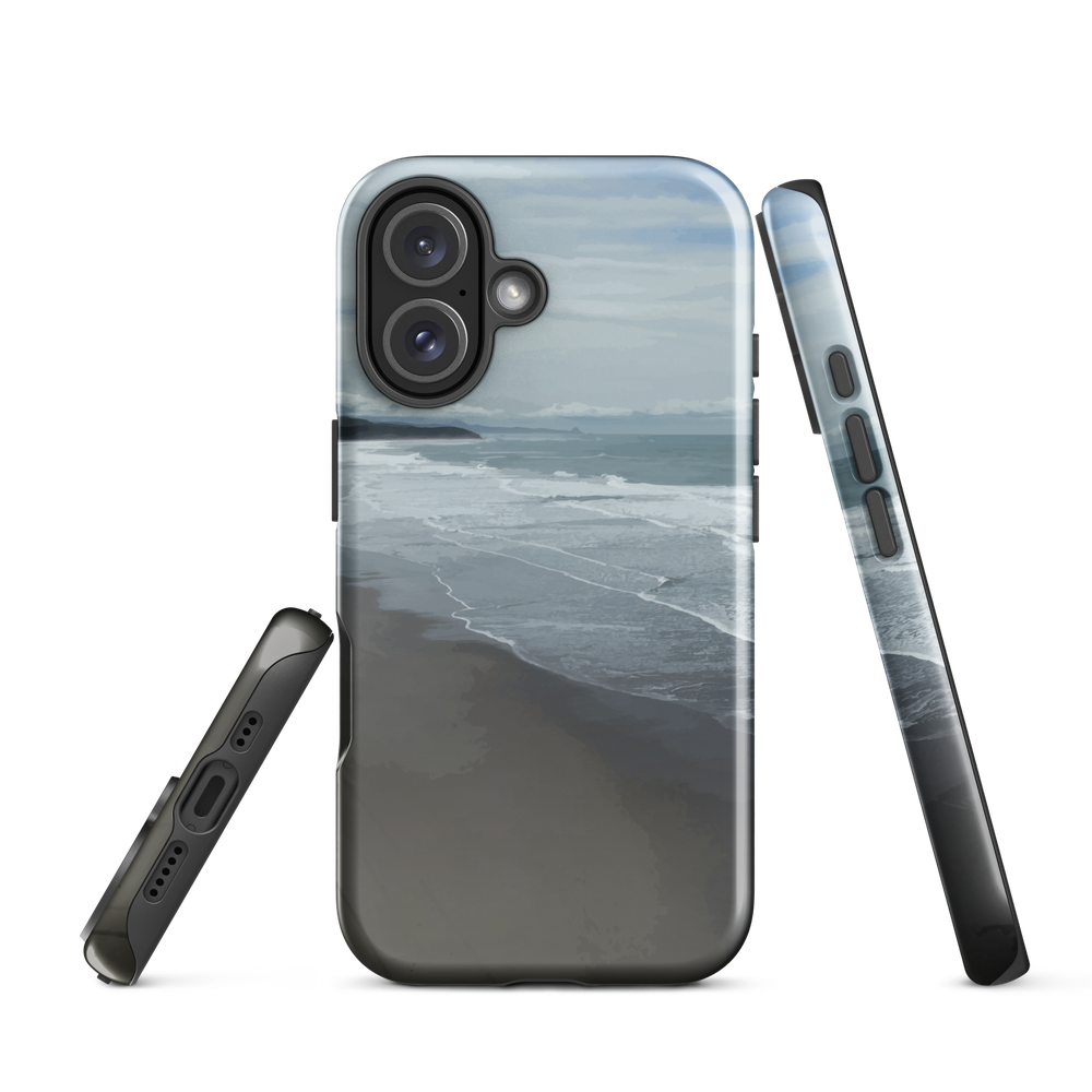 Phone case with a scenic photo of Riversdale Beach and ocean waves.