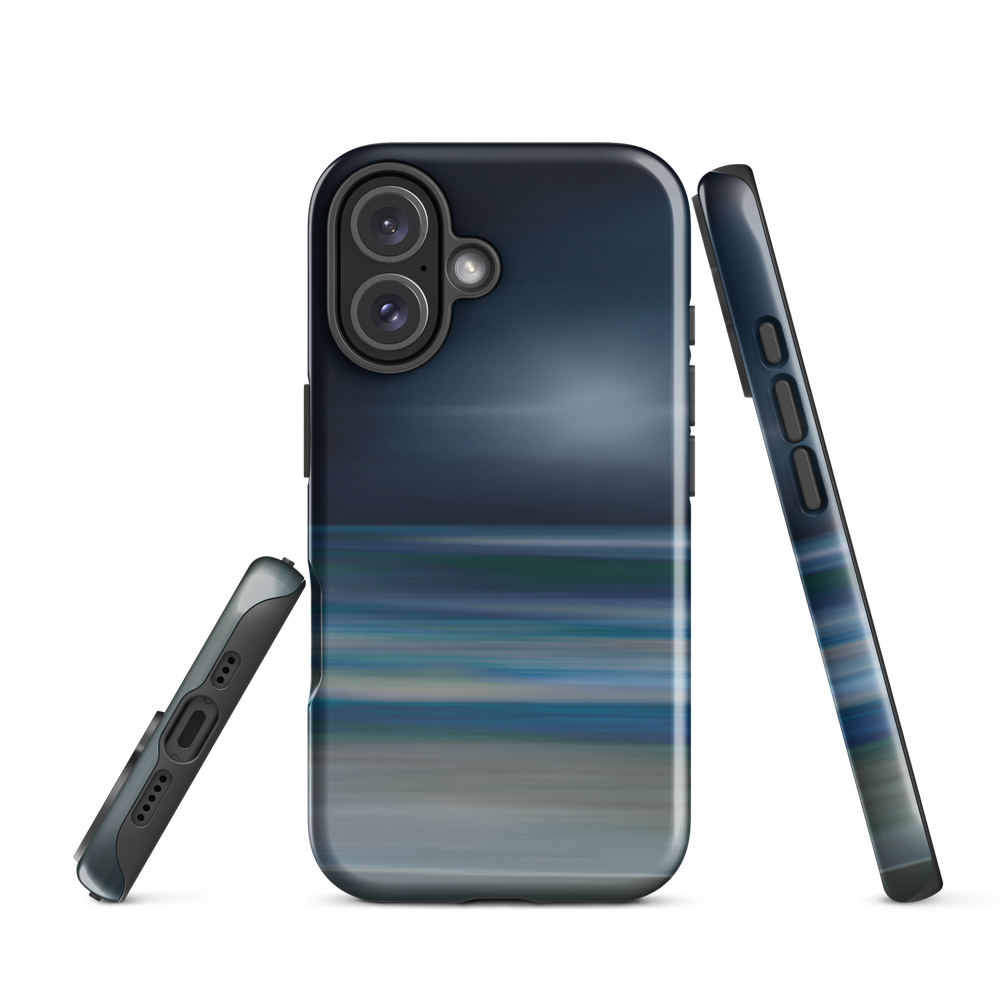 Dark abstract phone case with blue and grey streaks and glossy finish.