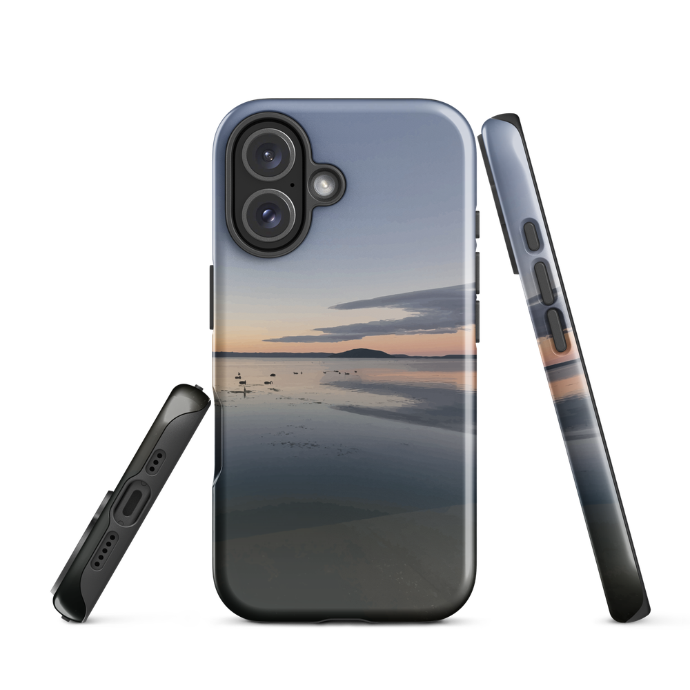 Phone case with tranquil lake scene at sunrise and distant hills.