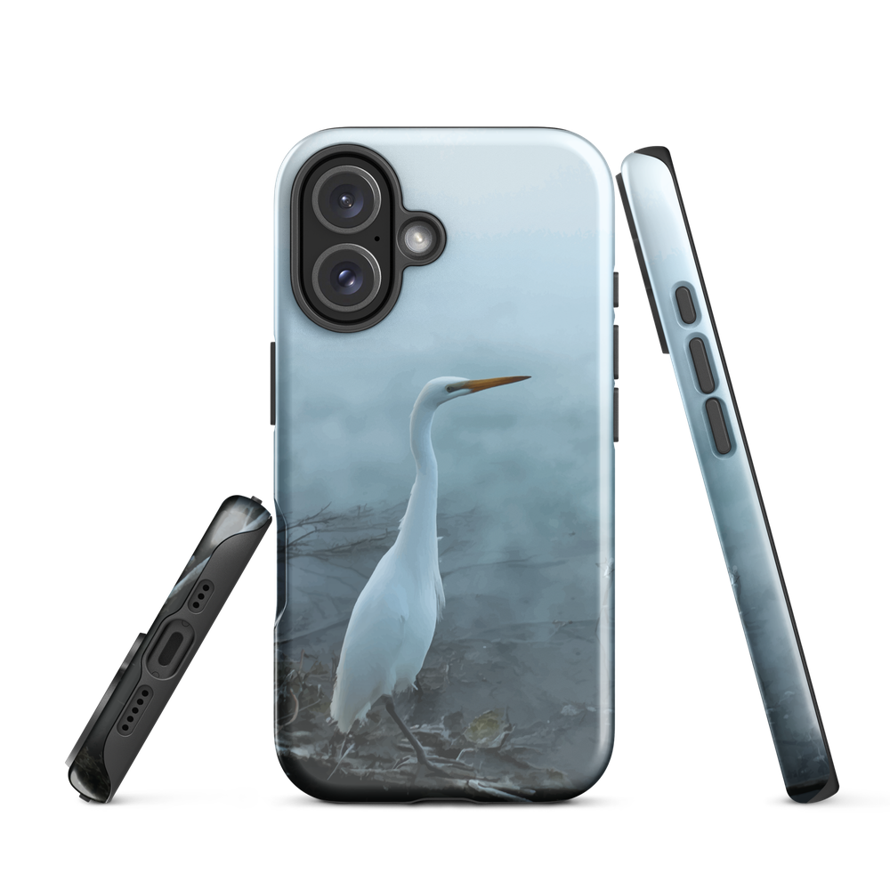 Phone case with a white heron standing in a misty wetland scene.