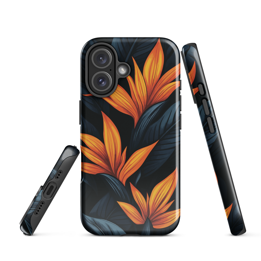 Phone case with bold orange bird of paradise flowers on dark background.