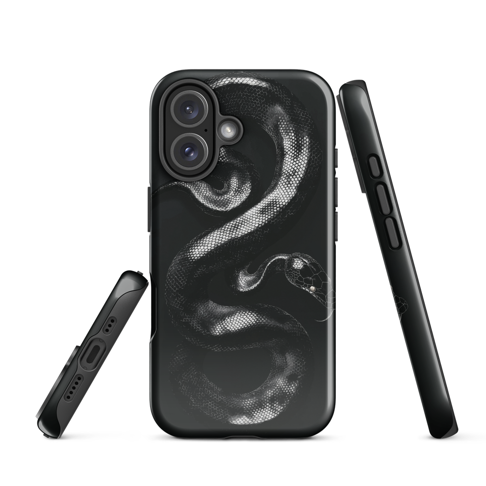 Phone case with detailed black python design on dark background.