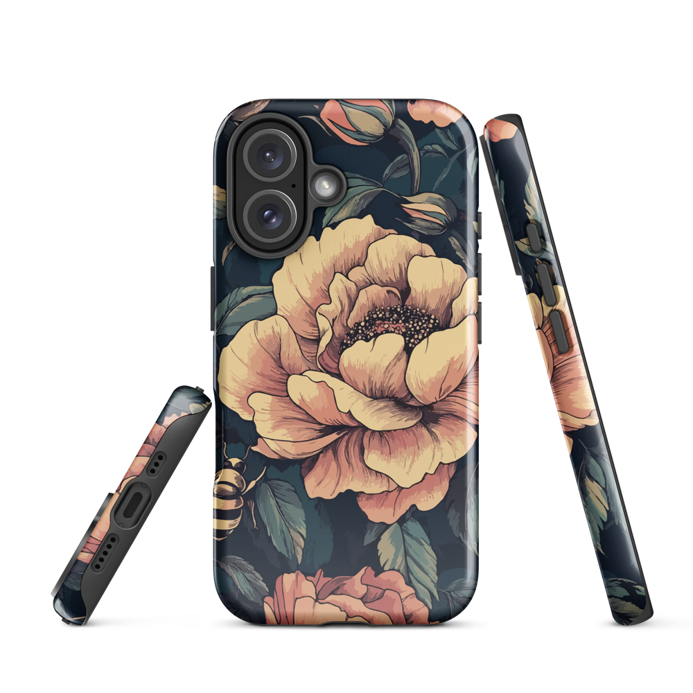 Phone case with vintage-style pink roses and bees on dark background, floral New Zealand artwork.