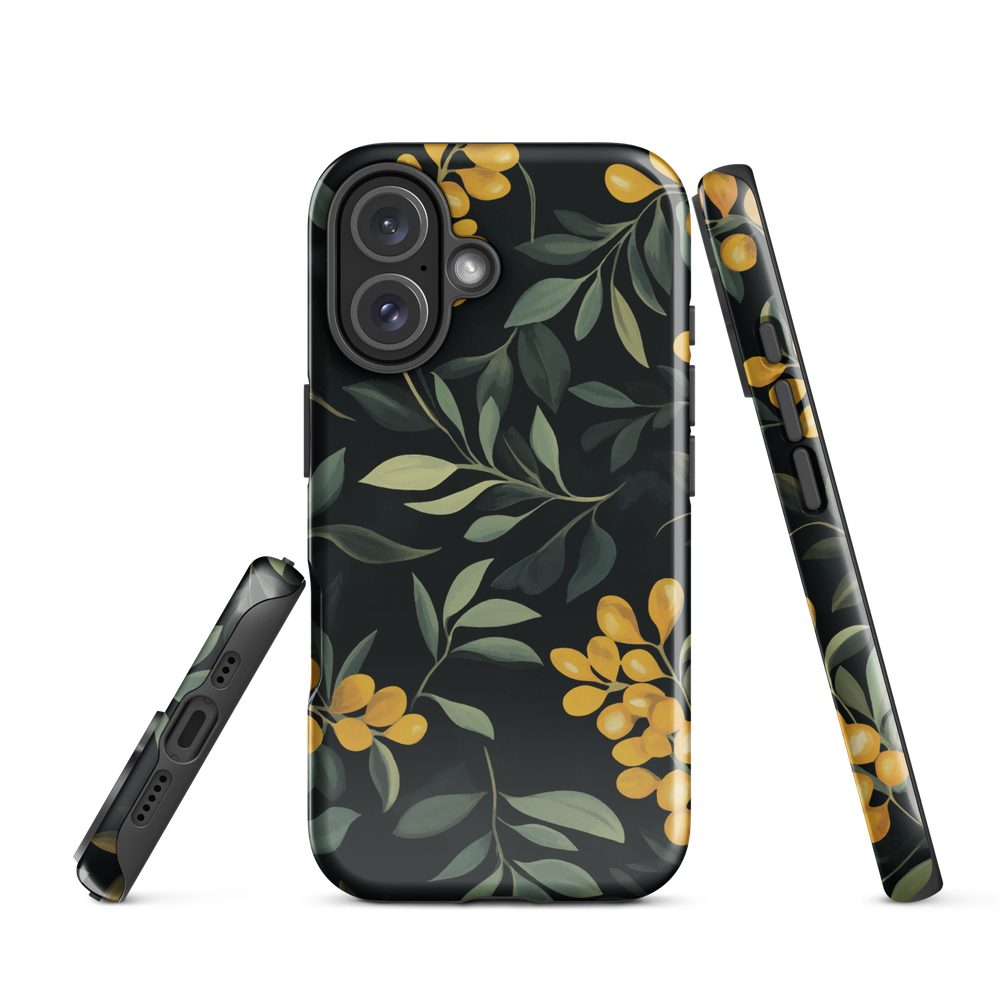 NZ Kowhai phone case with native yellow floral and green leaves on black background by designer Ben Hart.