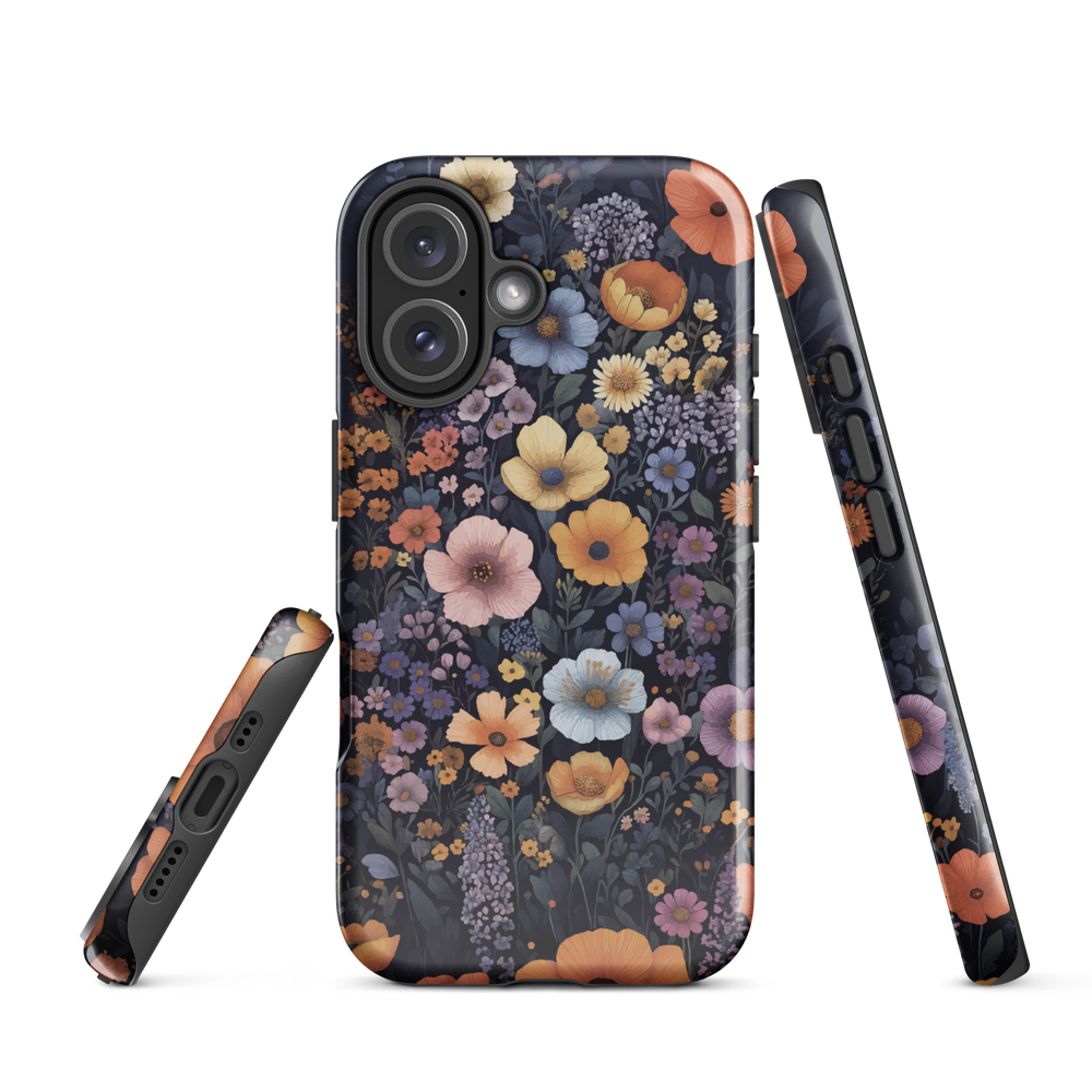 Phone case with colourful wildflowers on dark background, floral art design