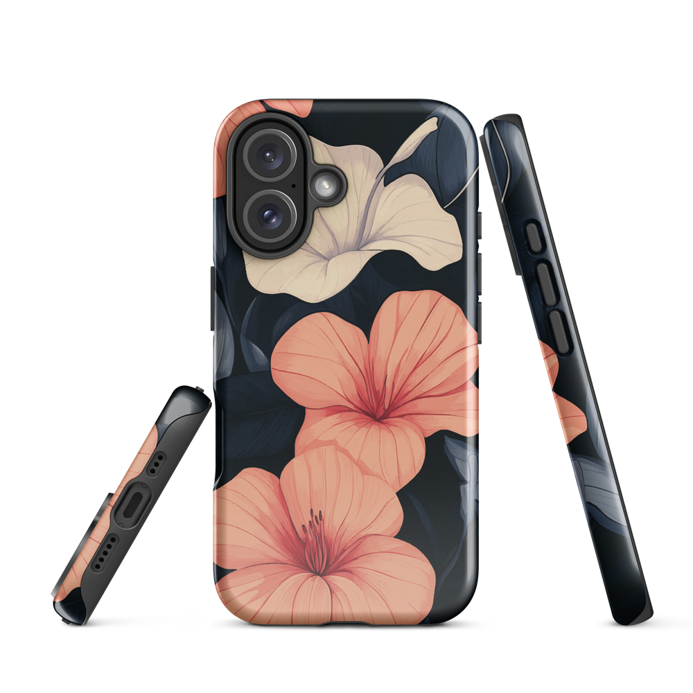 Phone case with coral hibiscus flowers and ivory blooms on dark background