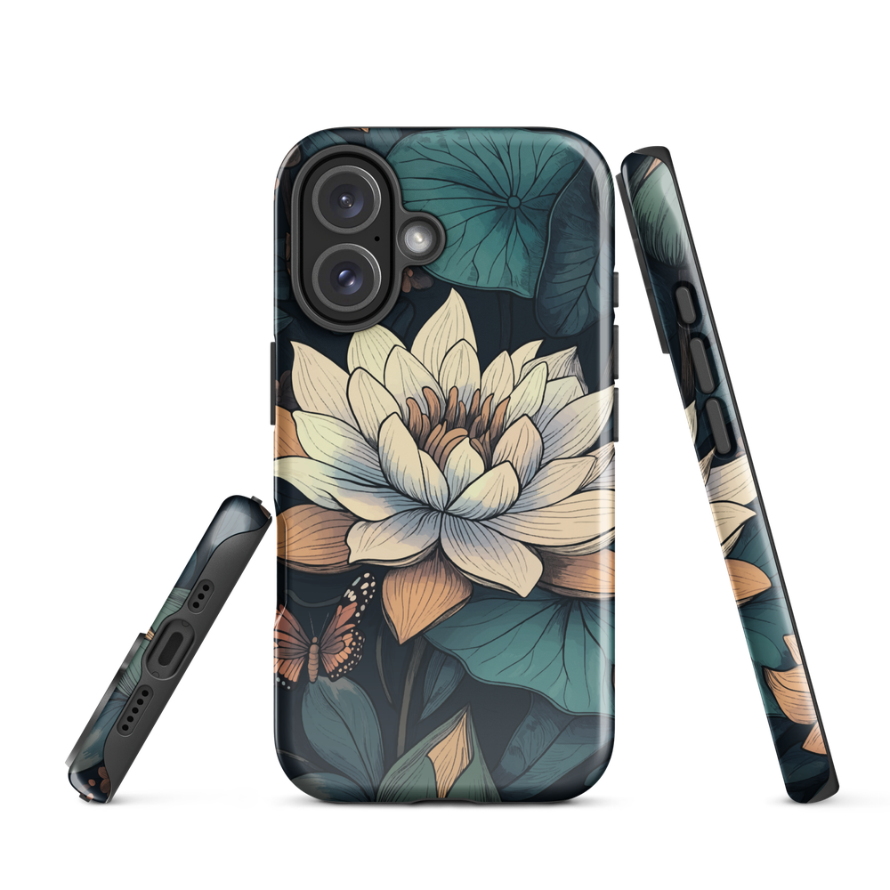 Phone case with ivory water lily, green leaves, and butterfly accents on dark background