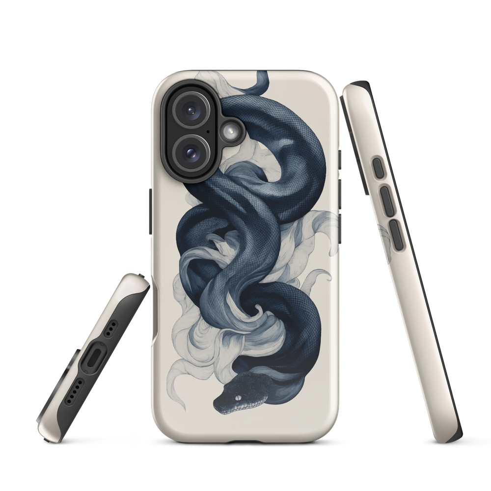 Phone case with black python and smoke design on cream background