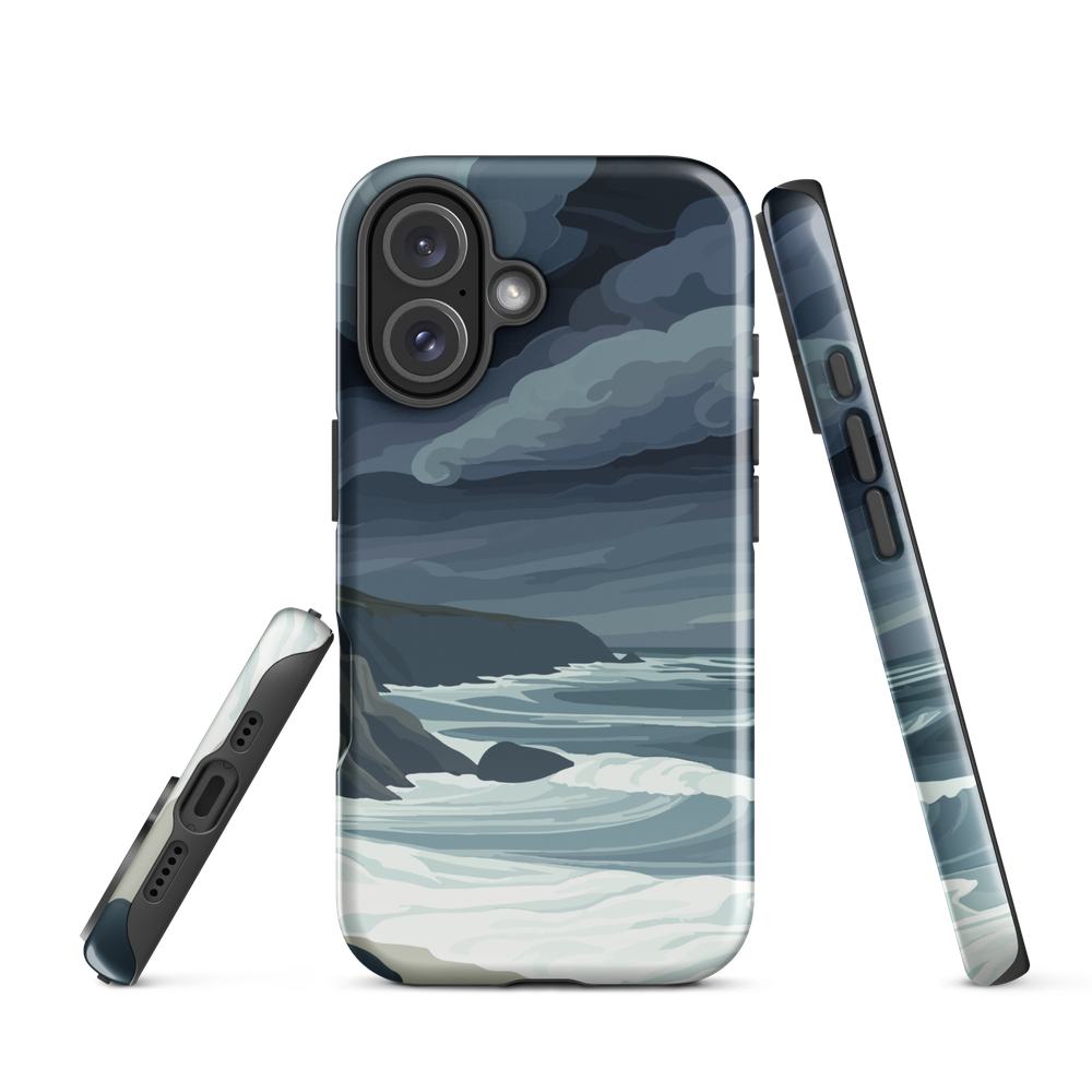 Phone case featuring moody Cape Kidnappers coastline with crashing waves and dark skies