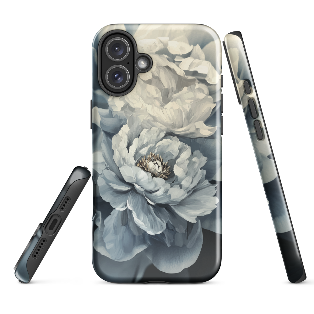 'Whisper' iPhone case features a stunning close-up of softly painted peony blooms in dreamy shades of ivory, grey, and smoky blue.